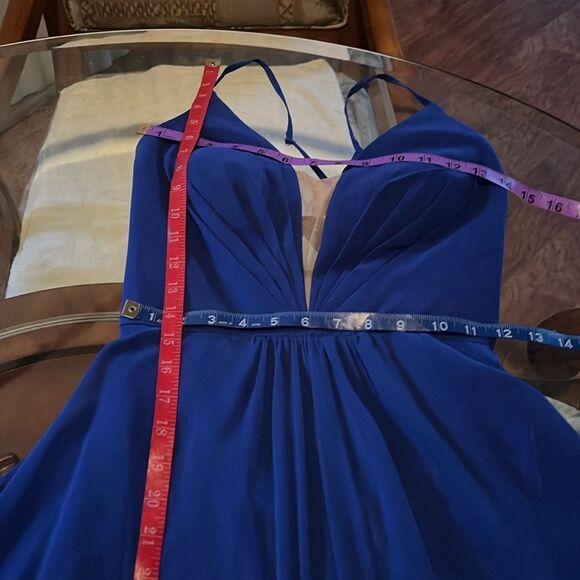 Betsy & Adam Blue Prom Gown Sz 8 VNeck Spaghetti Straps Tie Backless Pleated - Picture 14 of 15